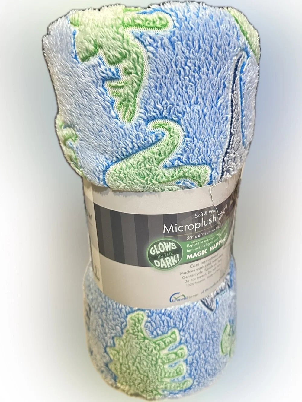 TRAVEL TIME MICROPLUSH THROW BLANKET SOFT WARM BLUE GREEN GRAY DINOSAUR 50”x 60”